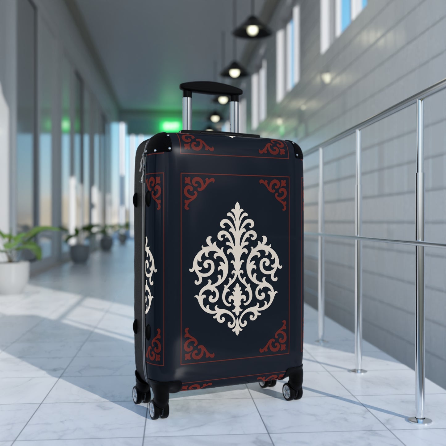 Dusk Blue-Maroon & White Baroque Carry-On Suitcase — Elegant Travel Luggage with Vintage White Medallion