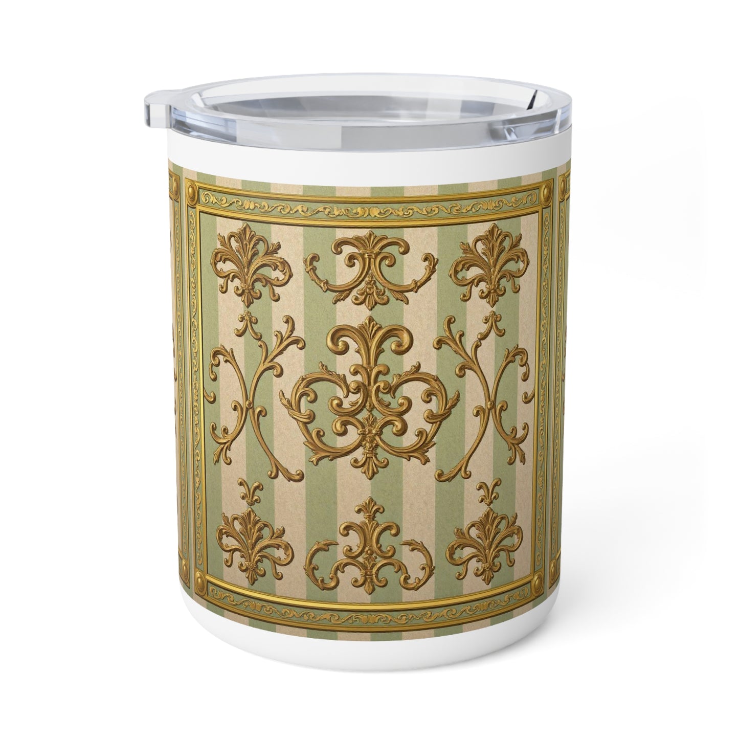 Elegant Vintage Insulated Coffee Mug - For Tea Lovers, Unique Kitchen Gift - Mint Green & Beige Striped Gold Baroque