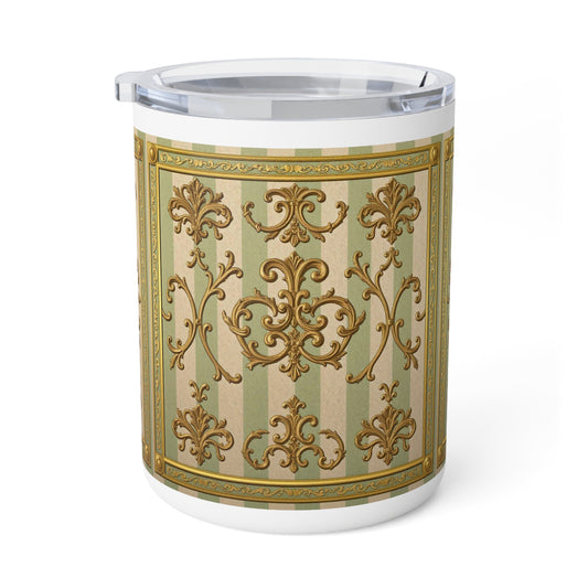 Elegant Vintage Insulated Coffee Mug - For Tea Lovers, Unique Kitchen Gift - Mint Green & Beige Striped Gold Baroque