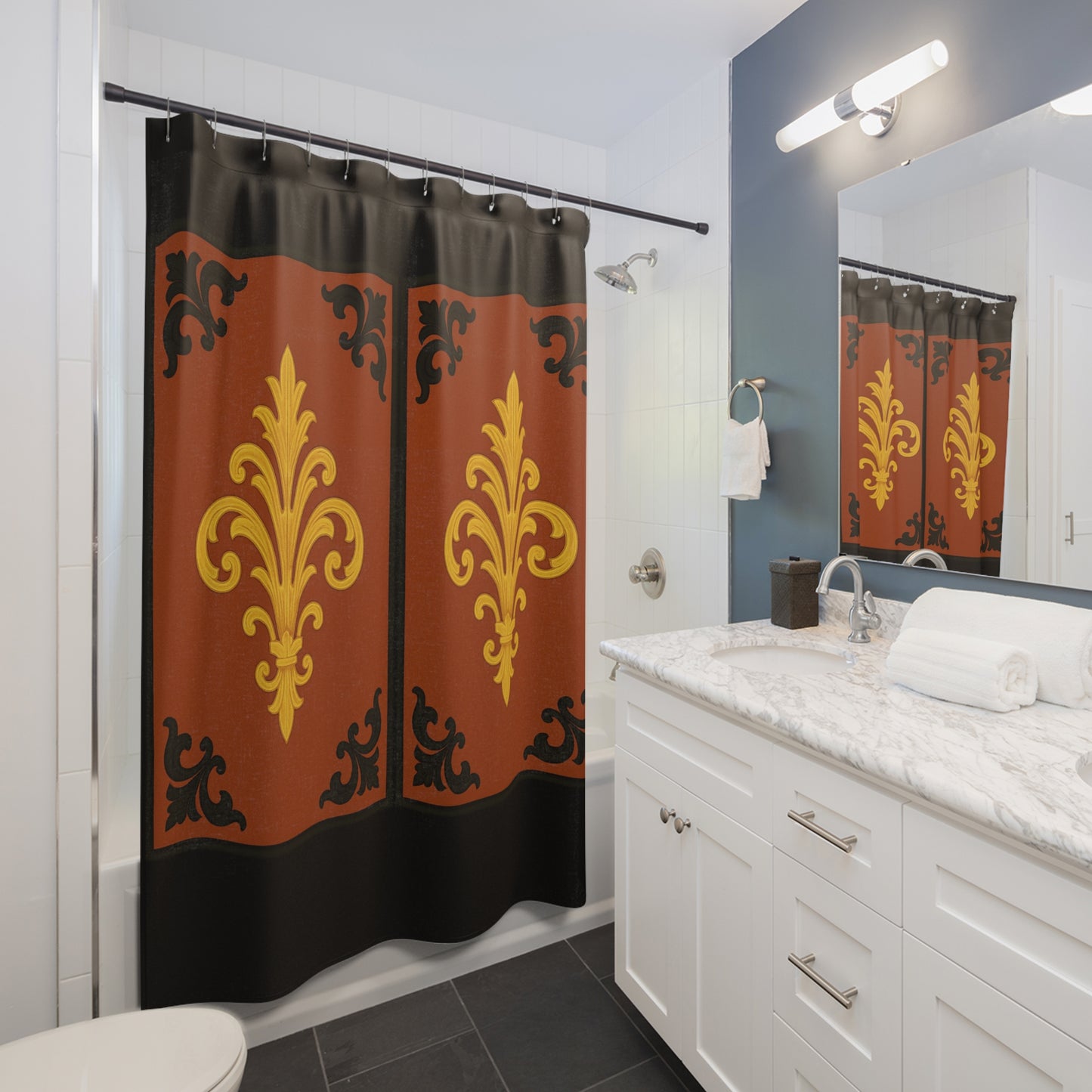 Dusk Terracotta Baroque Shower Curtain — Ornate Bath Decor