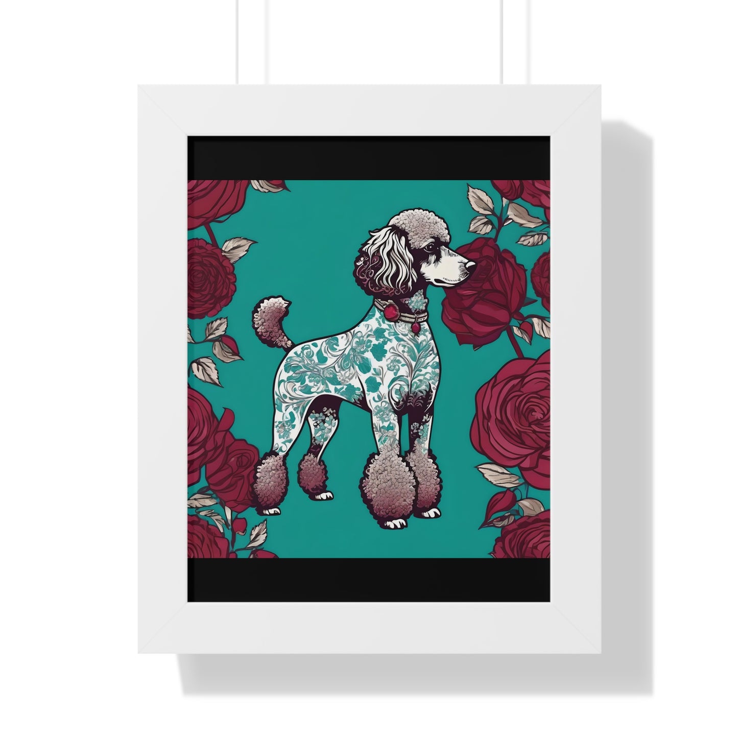 Vertical Poster - Stylish Framed - Art for Home Decor - Damask Aqua & White Poodle With Burgundy Roses