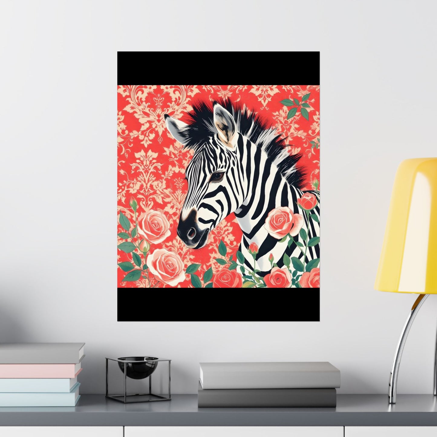 Floral Art Poster - Elegant Matte Vertical Wall Decor - Zebra With Coral Roses & Damask