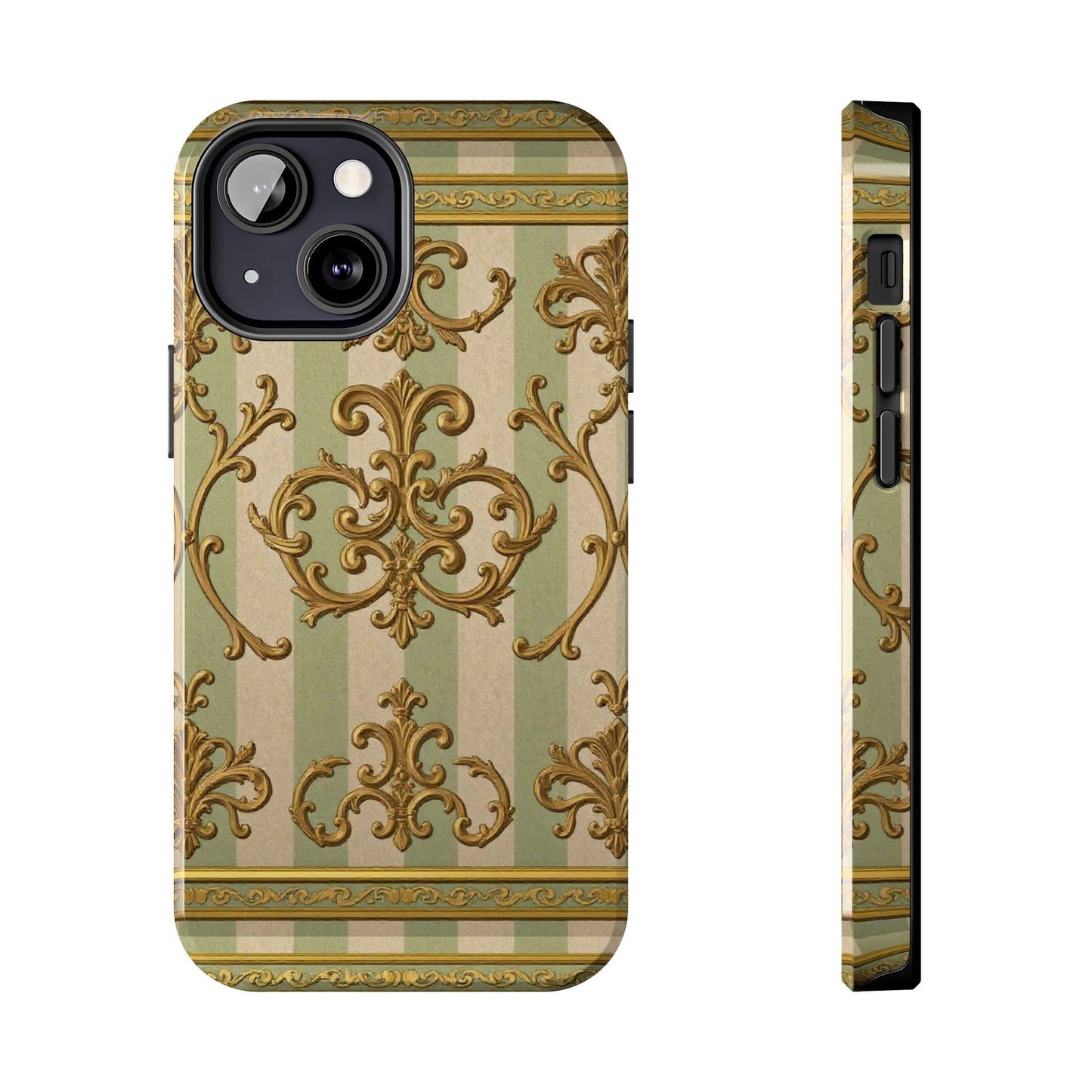 Vintage Elegance Phone Case, Tough Phone Cases for Style, Gift for Birthdays, Stylish Protection - Mint Green & Beige Striped Gold Baroque