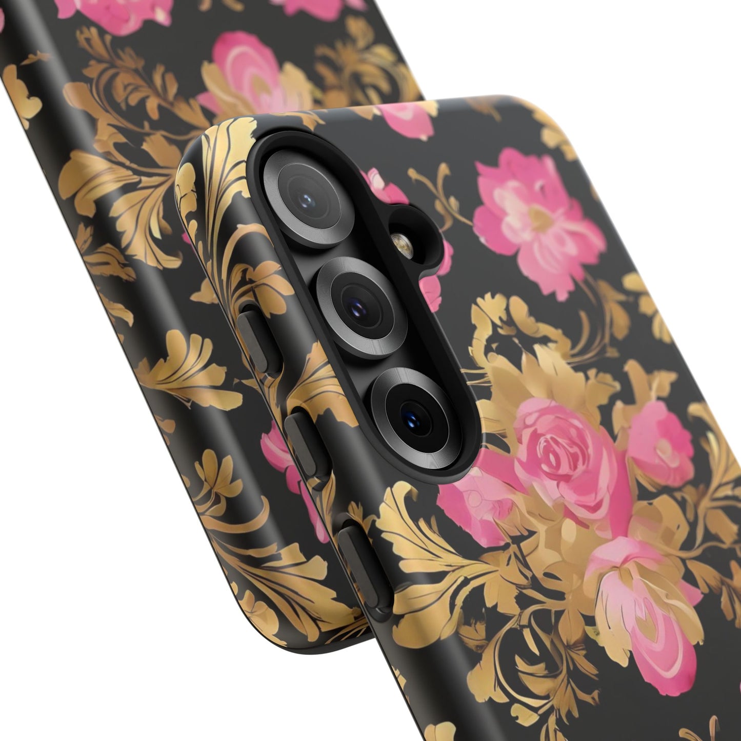 Elegant Floral Motif Phone Case - Tough Cases with Vintage Design - Pink & Gold Roses