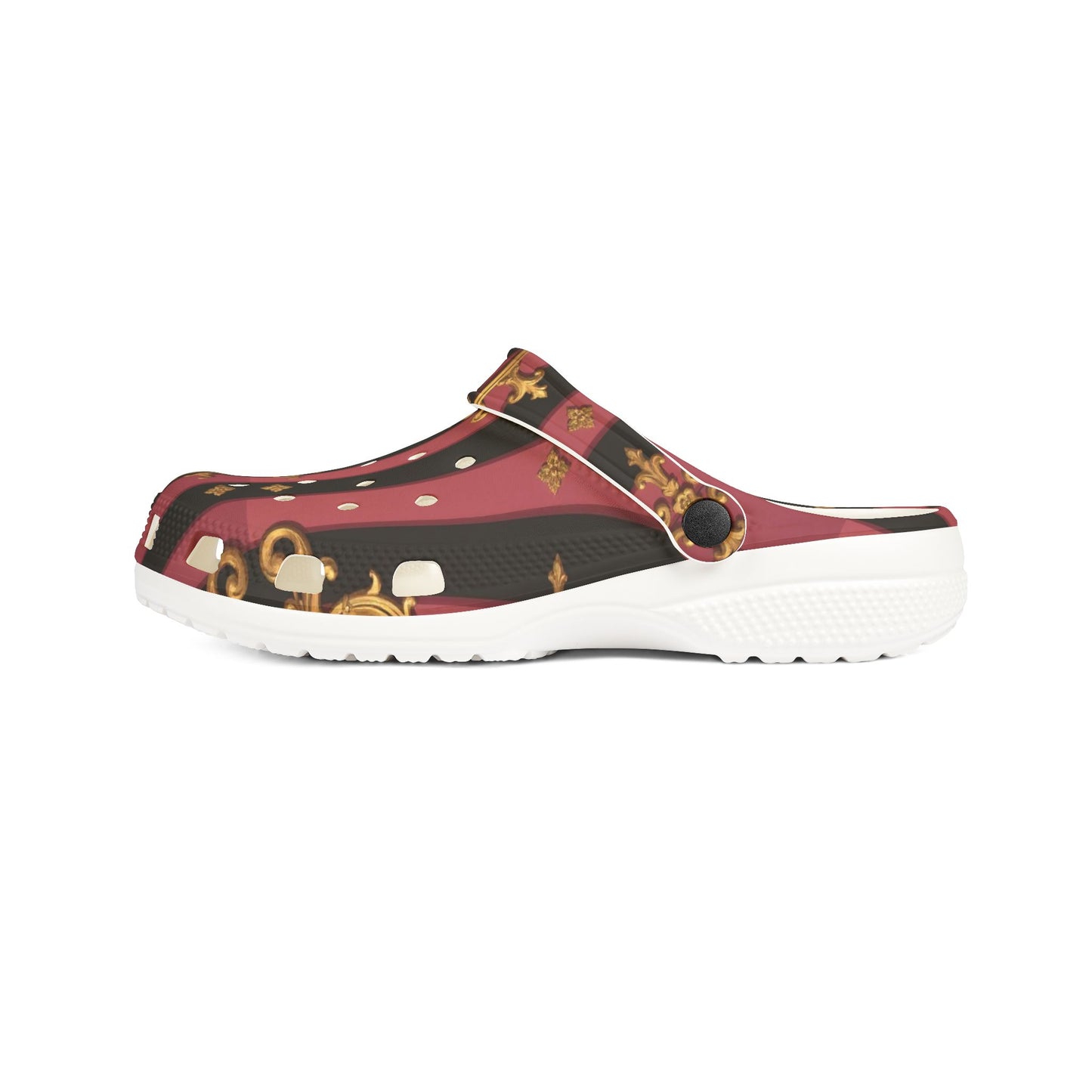 Chic Black & Mauve Striped Gold Baroque EVA Foam Rubber Clogs for Stylish Comfort, Trendy House Shoes, Unique Gift Idea