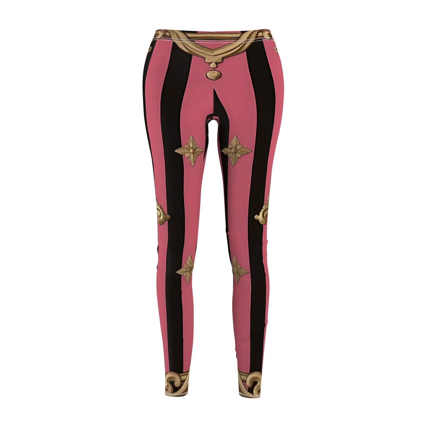 Trendy Women's Casual Leggings, Stylish Activewear, Fashion Leggings, Unique Print Yoga Pants, Gift for Her - Pink Striped Gold Rococo