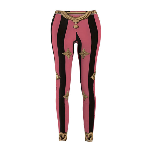 Trendy Women's Casual Leggings, Stylish Activewear, Fashion Leggings, Unique Print Yoga Pants, Gift for Her - Pink Striped Gold Rococo