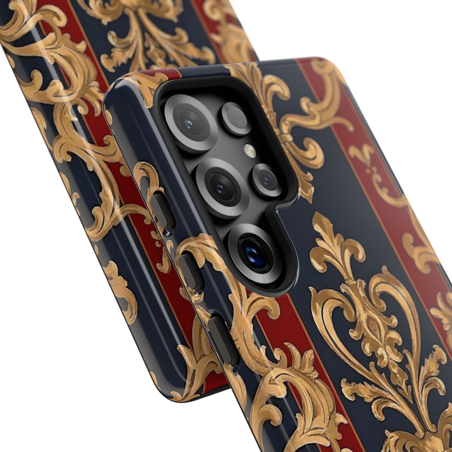 Elegant Floral Motif Phone Case - Tough Cases with Vintage Design - Midnight Blue & Dusk Red Striped Gold Damask