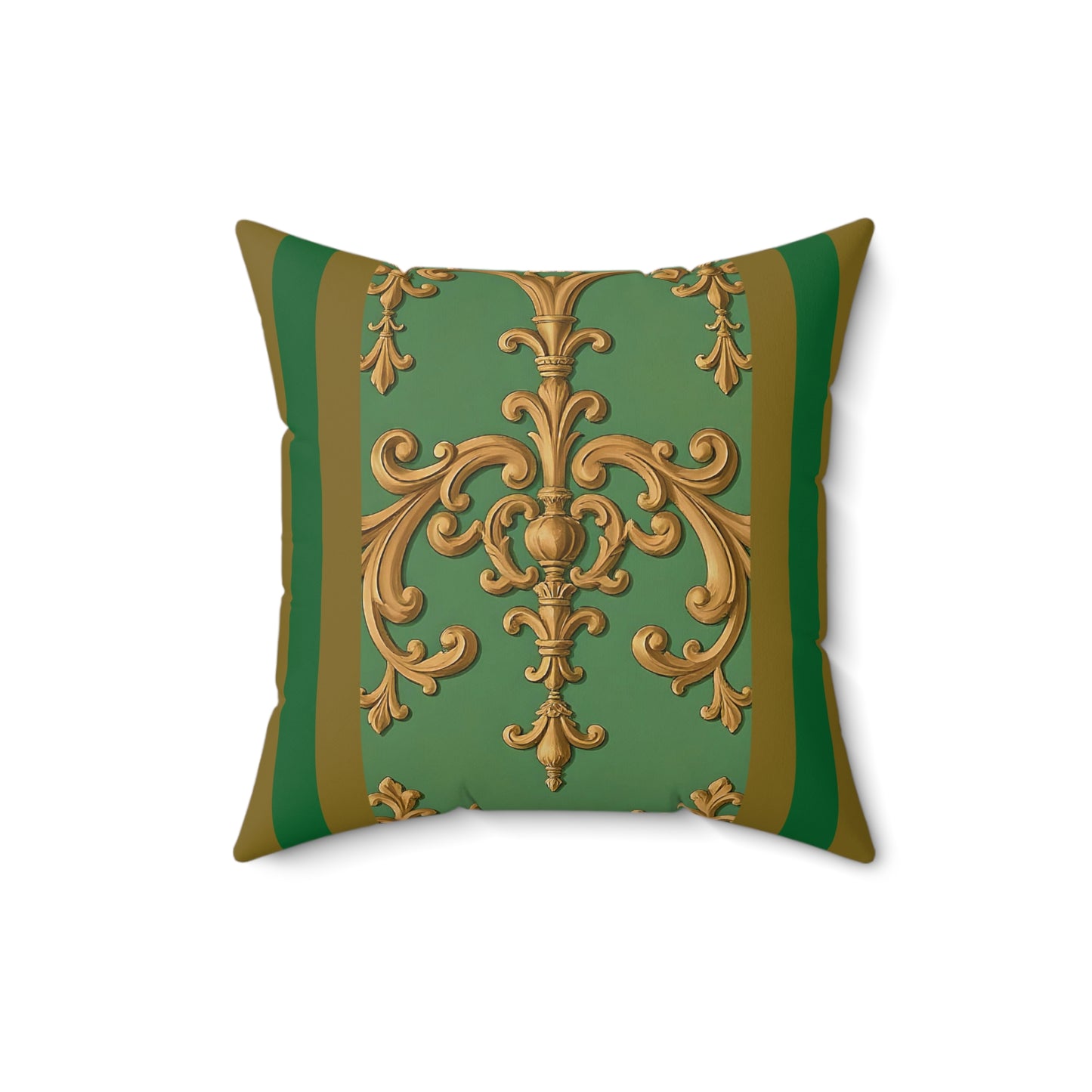 Elegant Faux Suede Square Pillow with Gold Floral Design, Throw Pillow, Home Decor, Living Room Accent, Gift for Her - Olive Green Striped Rococo