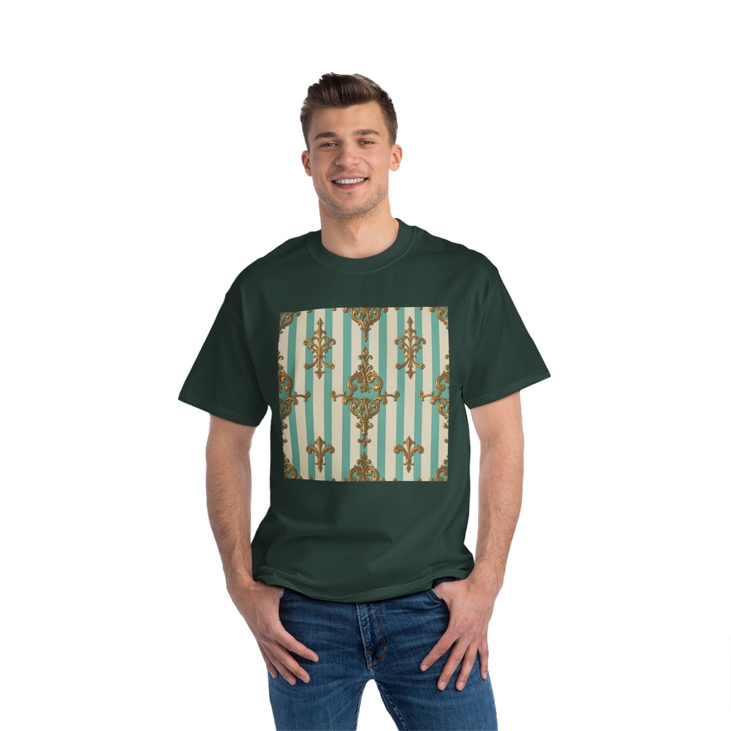 Elegant Patterned Short-Sleeve T-Shirt, Fashion Tee, Casual Wear, Gift for Her, Summer Style, Unique Design - Matte Green Striped Rococo