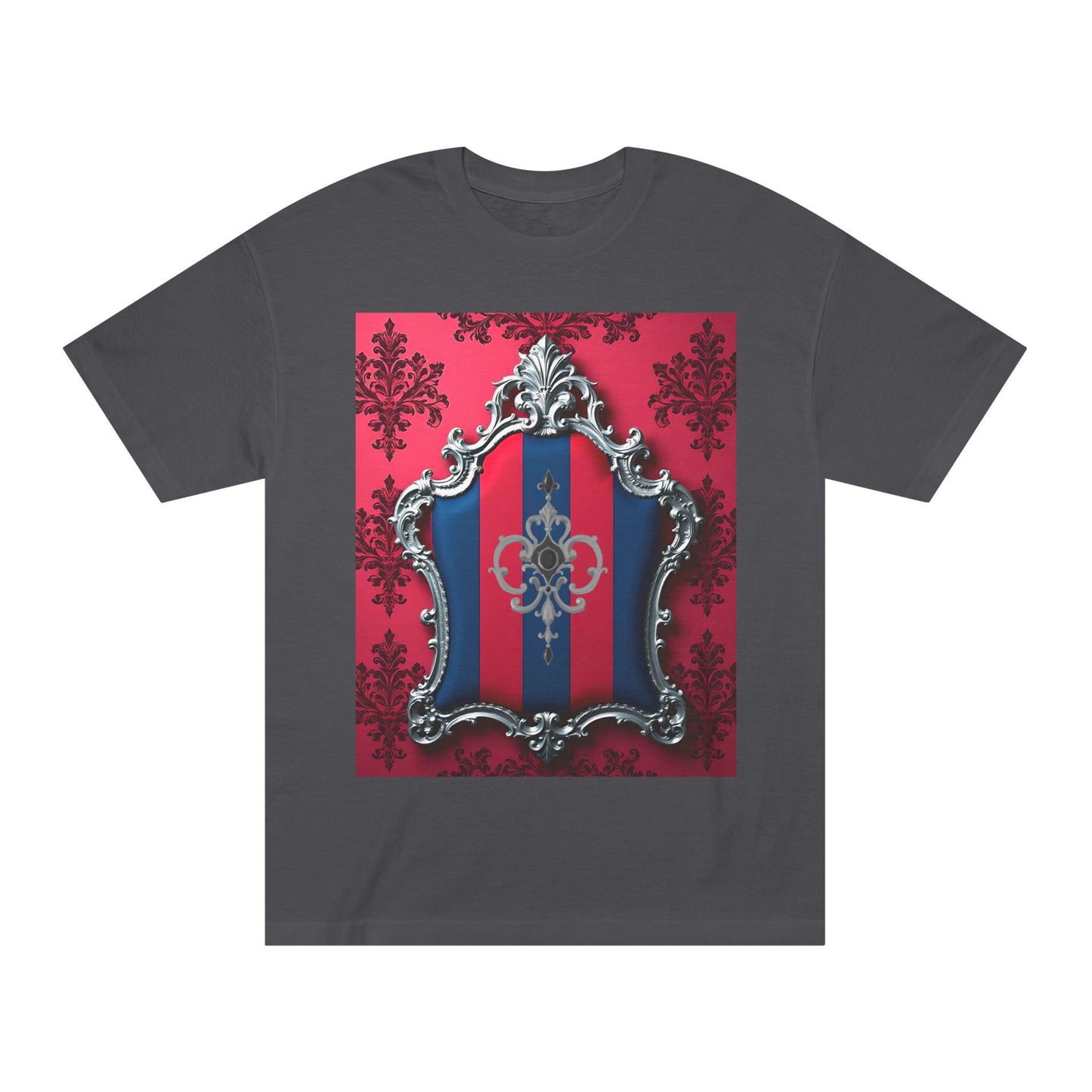 Vintage Couture Shield Unisex Classic Tee, Fashion T-Shirt, Gift for Fashion Lovers, Casual Wear, Unique Graphic Shirt - Blue & Red Striped Silver Crest