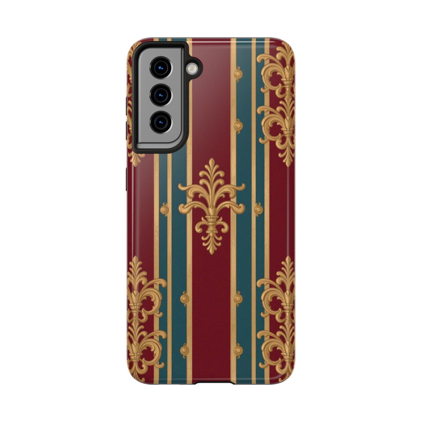 Elegant Vintage Tough Phone Case, Luxury Phone Protection, Stylish Phone Cover, Durable Phone Accessory - Burgundy Striped Gold Baroque