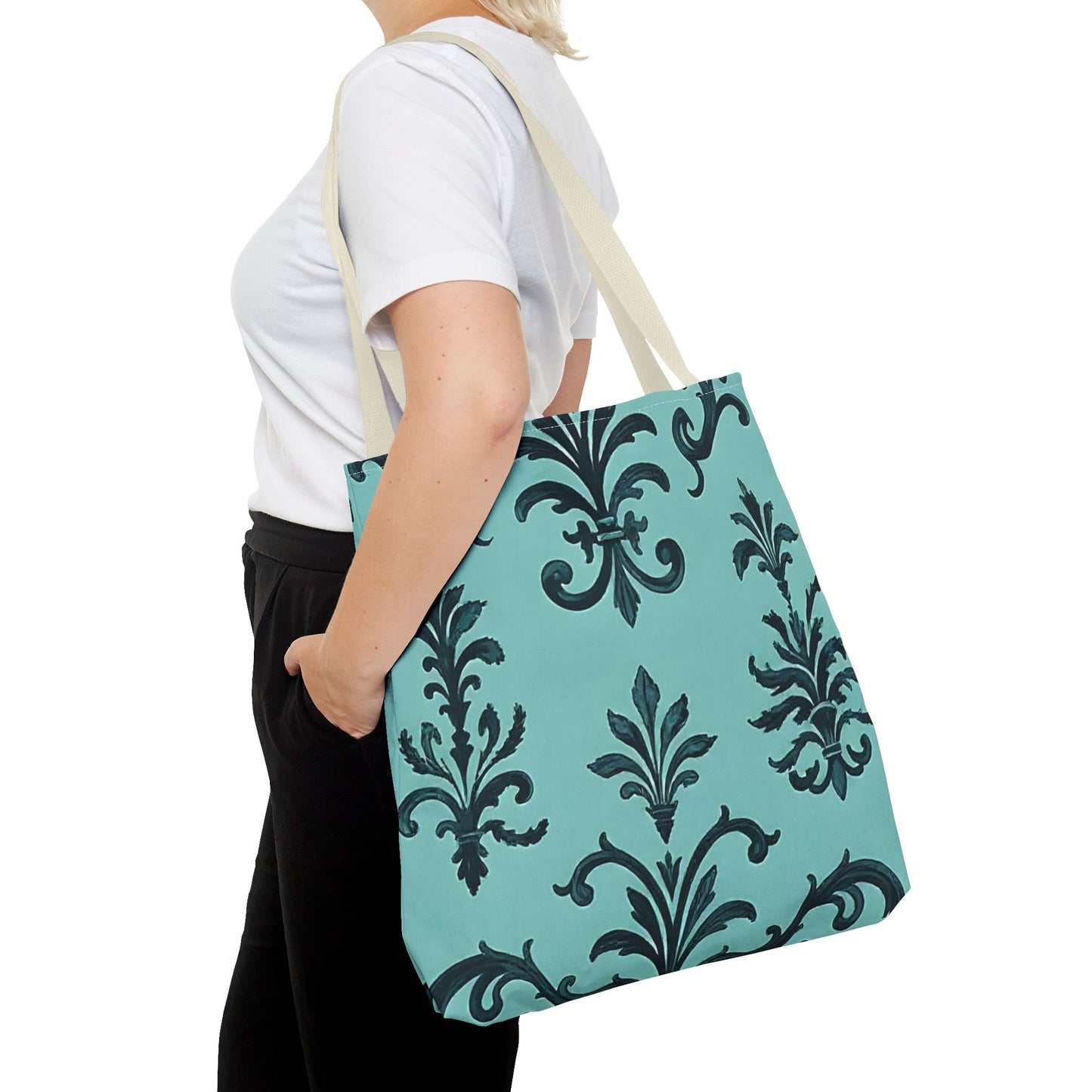 Chic Floral Tote Bag – Stylish Canvas Shopper, Gift for Her, Birthday Present, Everyday Use, Eco-Friendly, Floral Print - Teal Striped Rococo