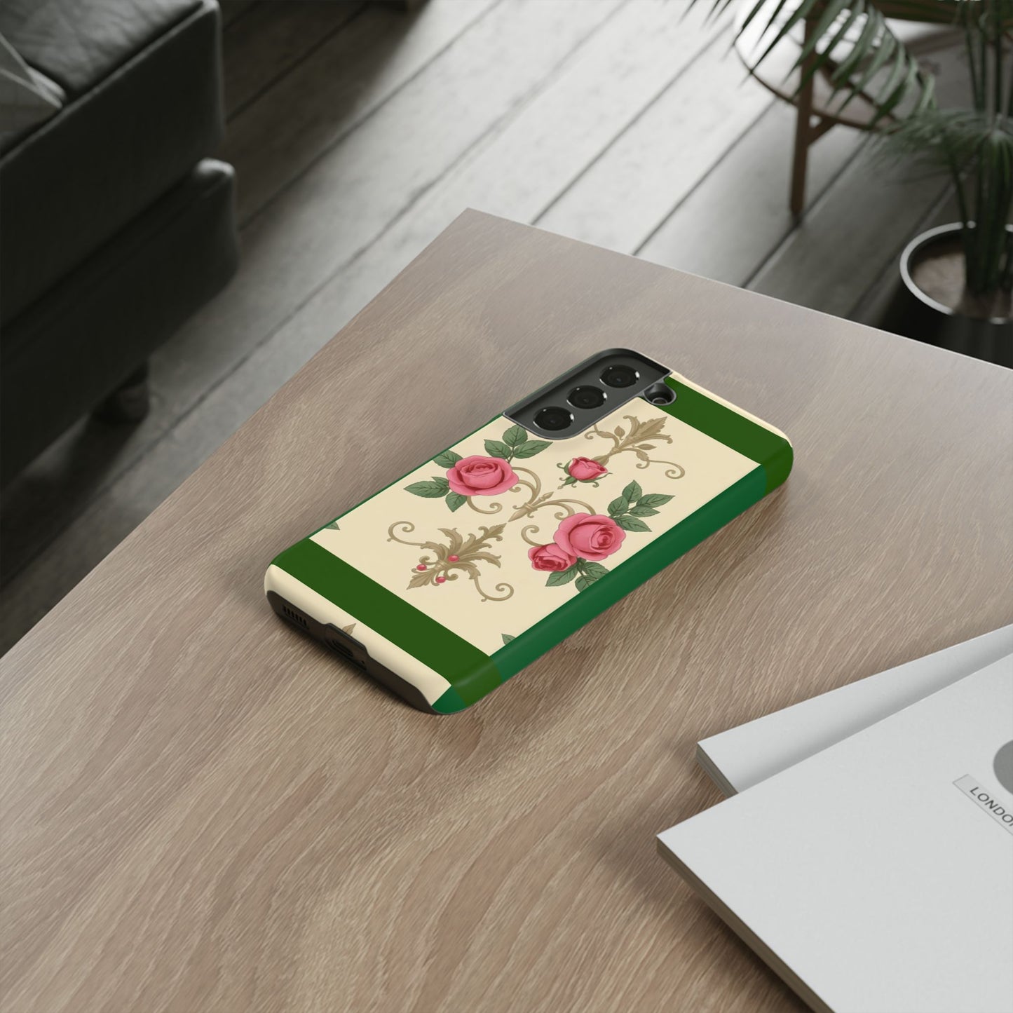 Elegant Floral Motif Phone Case - Tough Cases with Vintage Design - Green Border Roses & Damask
