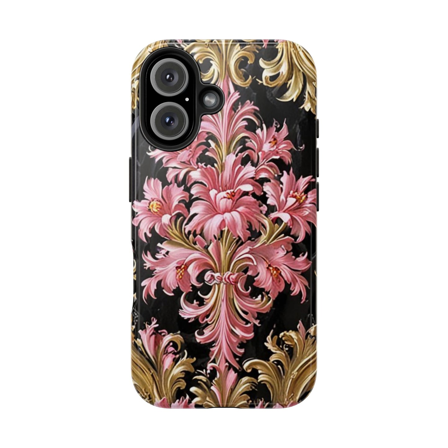 Elegant Floral Tough Phone Cases | Stylish Protection for Her | Gift for Birthdays - Black & Pink Oil Painting Style Rococo