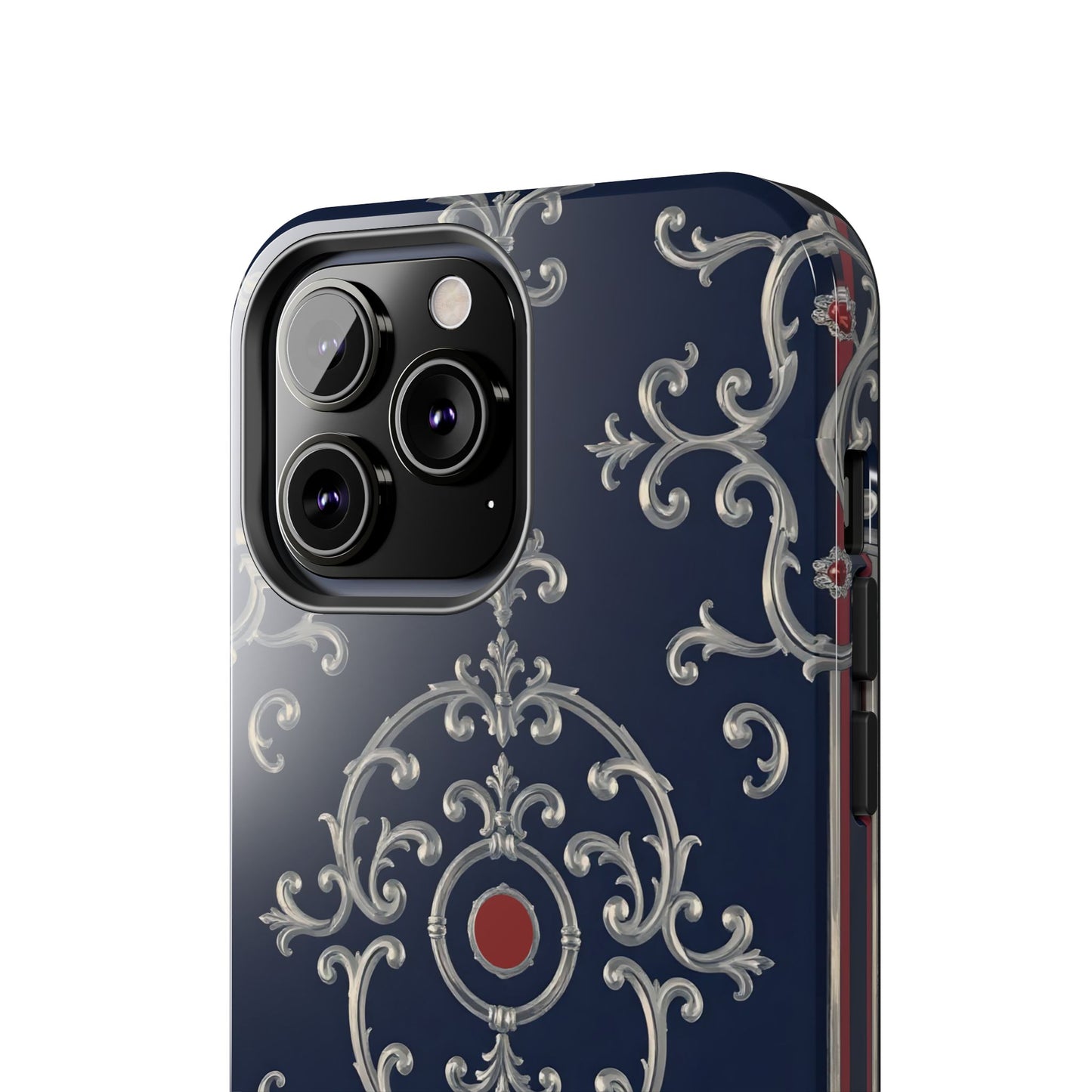 Elegant Patterned Tough Phone Cases for Stylish Protection, Gift for Her, Unique Accessories - Blue & Red Striped Silver Baroque