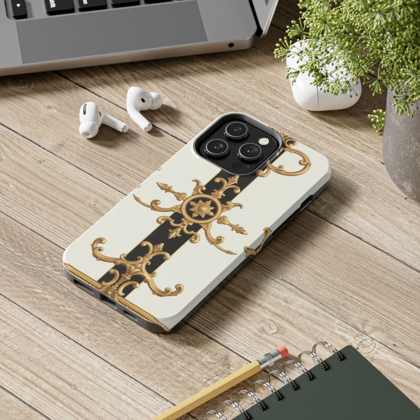 Elegant Baroque Tough Phone Case | Stylish Protection for Your Device, Gift for Her, Phone Accessories - Black & White Striped Gold Baroque