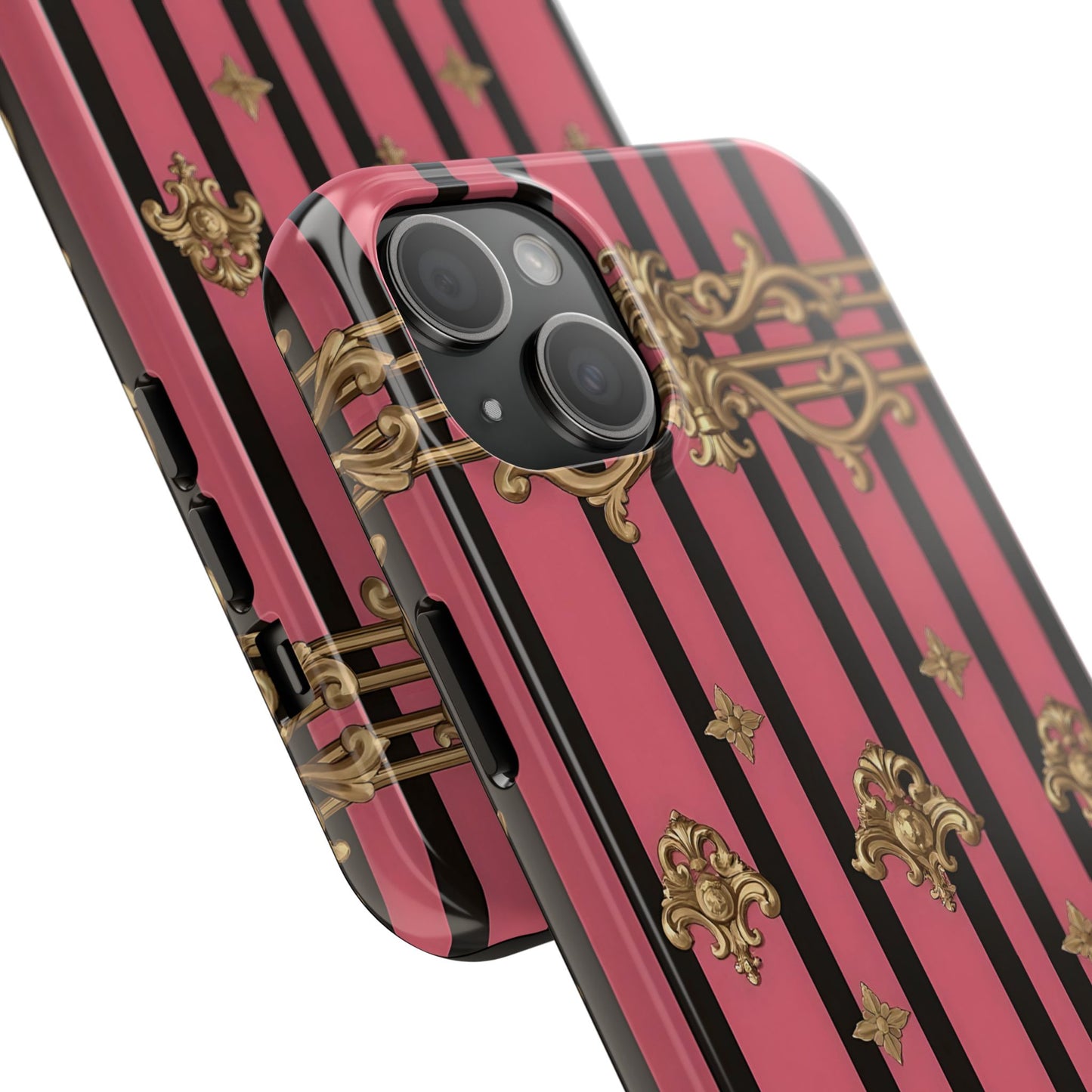 Elegant Floral Phone Cases, Stylish Protective Case for Trendy Individuals, Unique Gift for Tech Lovers, Phone Accessories - Pink Striped Gold Rococo