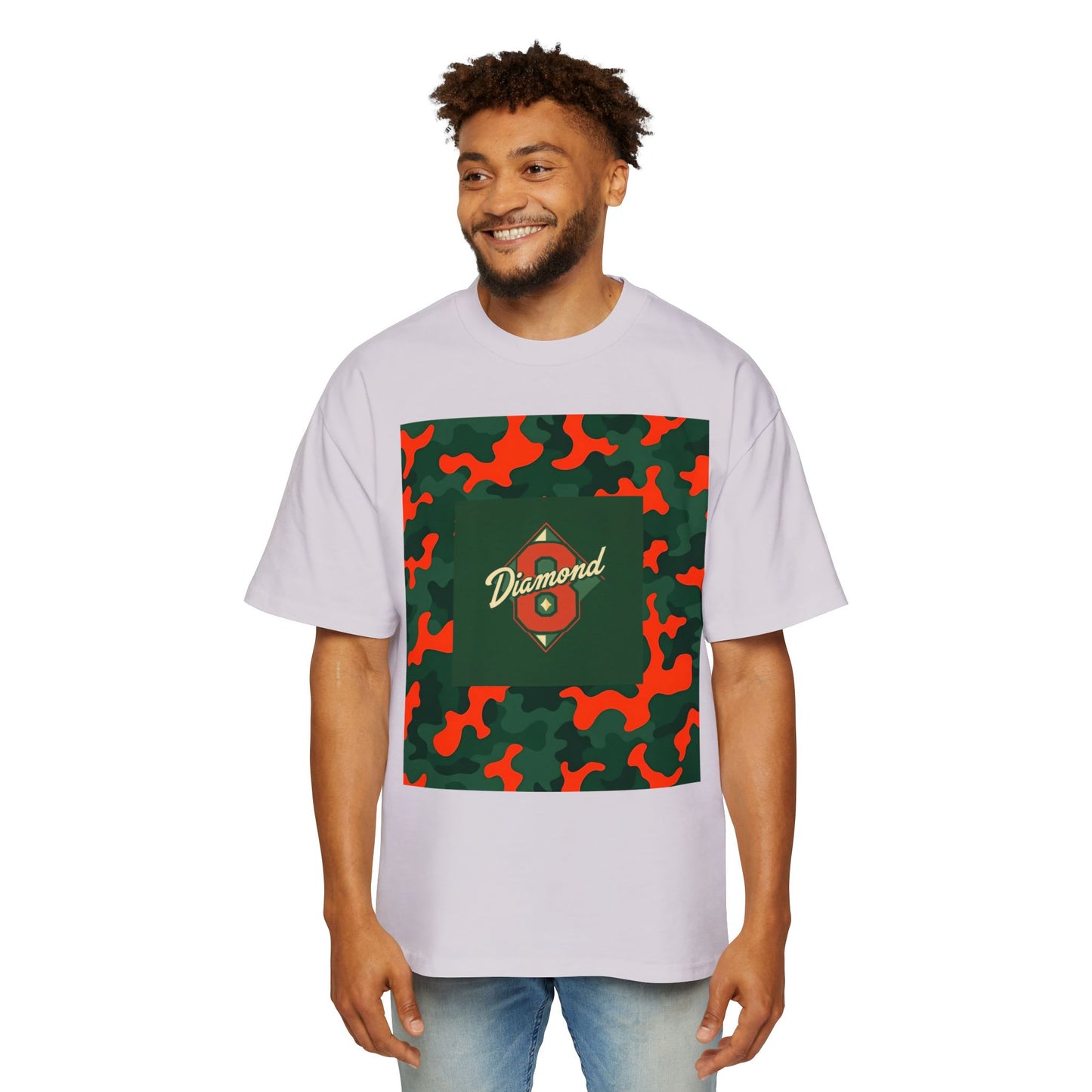 Men's Heavy Oversized Camouflage Tee, Casual Streetwear Shirt, Graphic T-Shirt, Comfortable Everyday Wear, Gift for Him - Green & Orange Camo Diamond 8