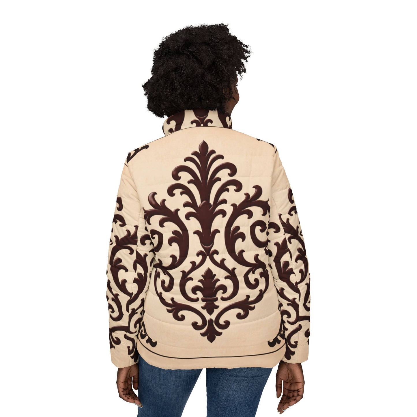 Almond-Beige & Brown Baroque Women’s Puffer Jacket — Baroque Scroll Print