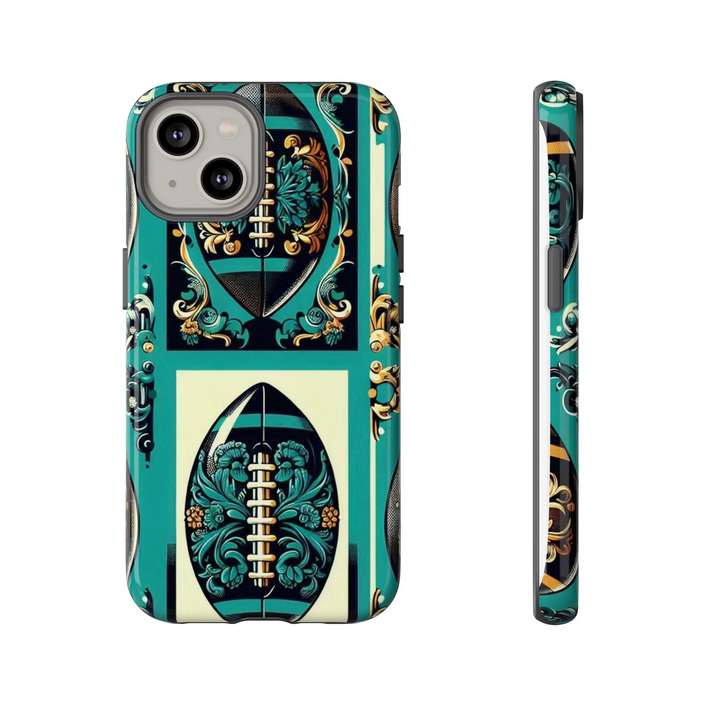 Elegant Floral Motif Phone Case - Tough Cases with Vintage Design -  Damask Teal, Gold & Black Footballs