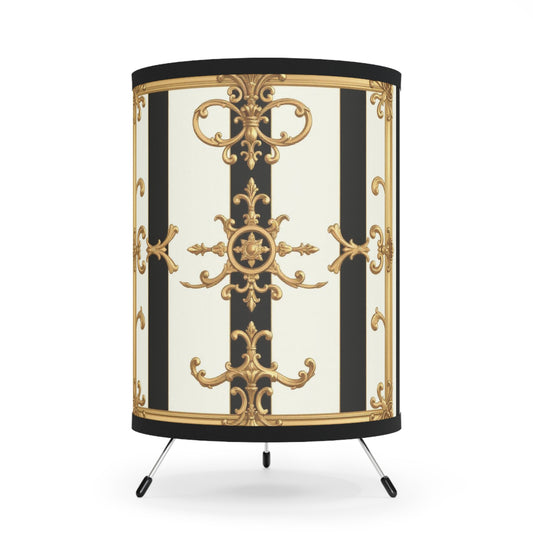 Elegant Tripod Lamp with Vintage Design Shade | Home Decor, Lighting Design, Unique Gifts, Living Room Styling - Black & White Striped Gold Baroque