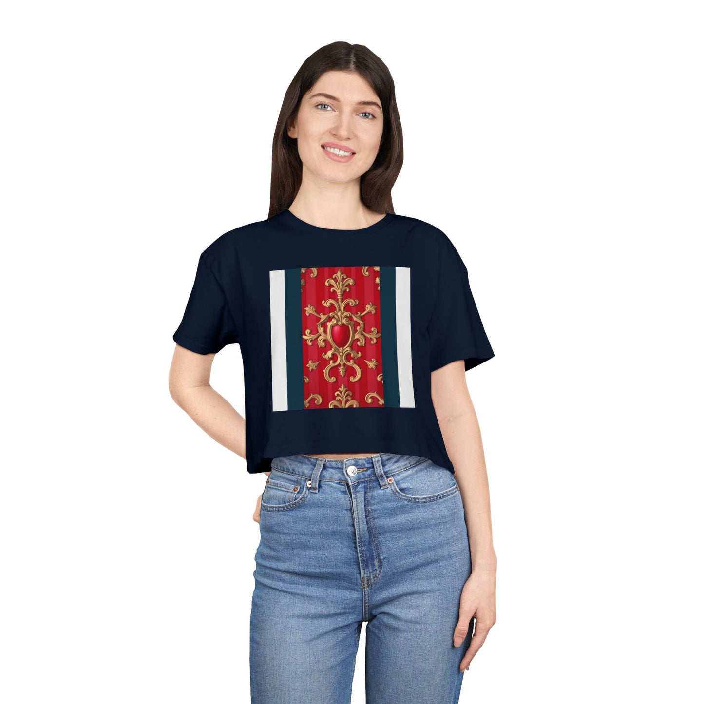 Women's Vintage Floral Crop Tee, Casual Summer Top, Bohemian Fashion, Trendy T-Shirt, Vacation Outfit - Blue, Red & White Striped Baroque