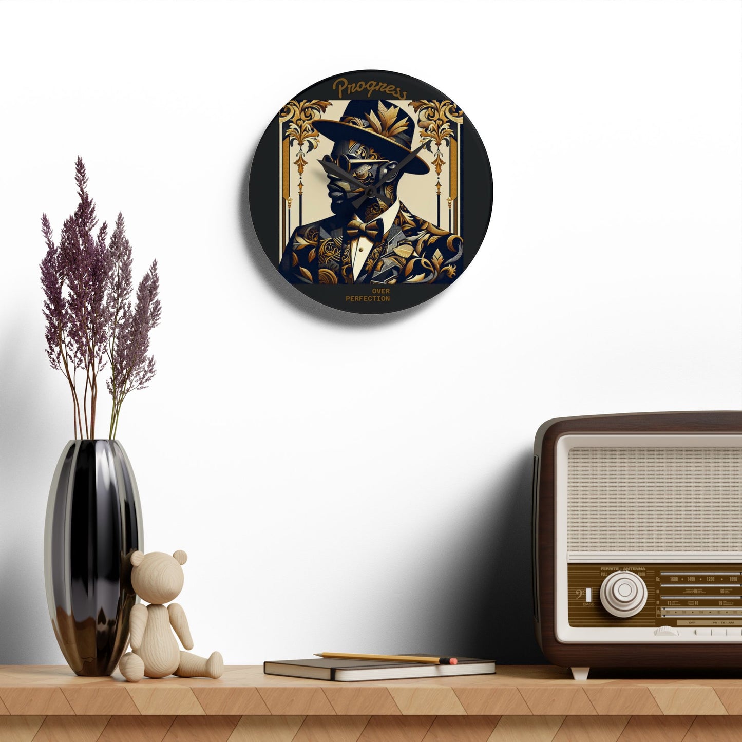 Elegant Acrylic Wall Clock with Inspirational Quote | Modern Home Decor | Unique Gift for Housewarming - Progress Over Perfection - Suited Man
