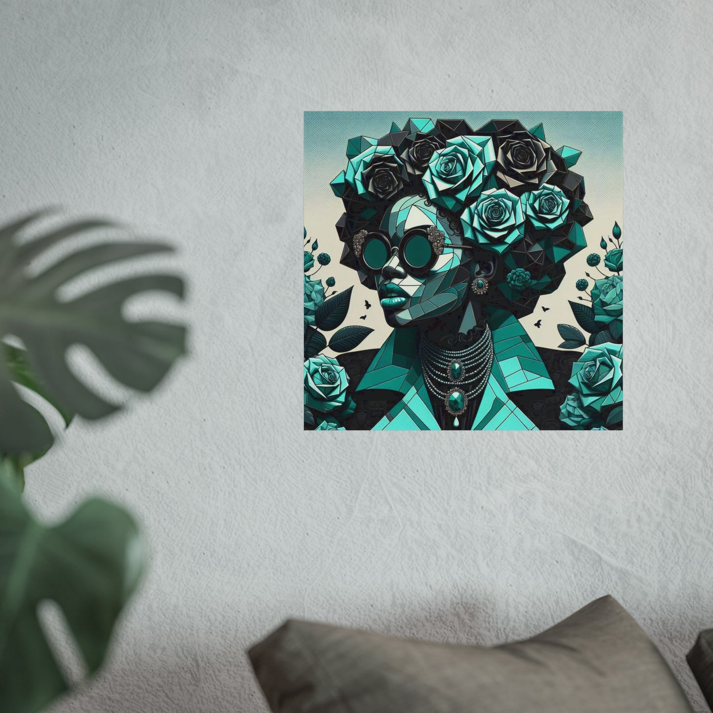 Chic Floral Fine Art Poster | Modern Wall Decor, Home Aesthetic, Gift for Art Lovers, Unique Room Makeover - Turquoise & Black Roses Lady