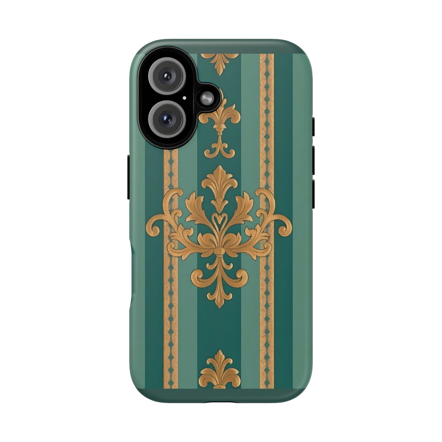 Elegant Floral Motif Phone Case - Tough Cases with Vintage Design - Teal Striped Gold Damask