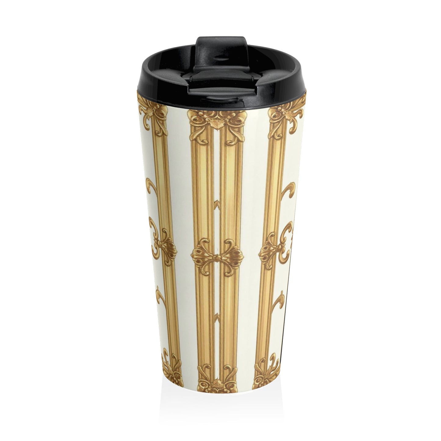 Elegant Stainless Steel Travel Mug with Ornate Design - Perfect Gift for Coffee Lovers, Travel Companion - Black & White Striped Gold Baroque