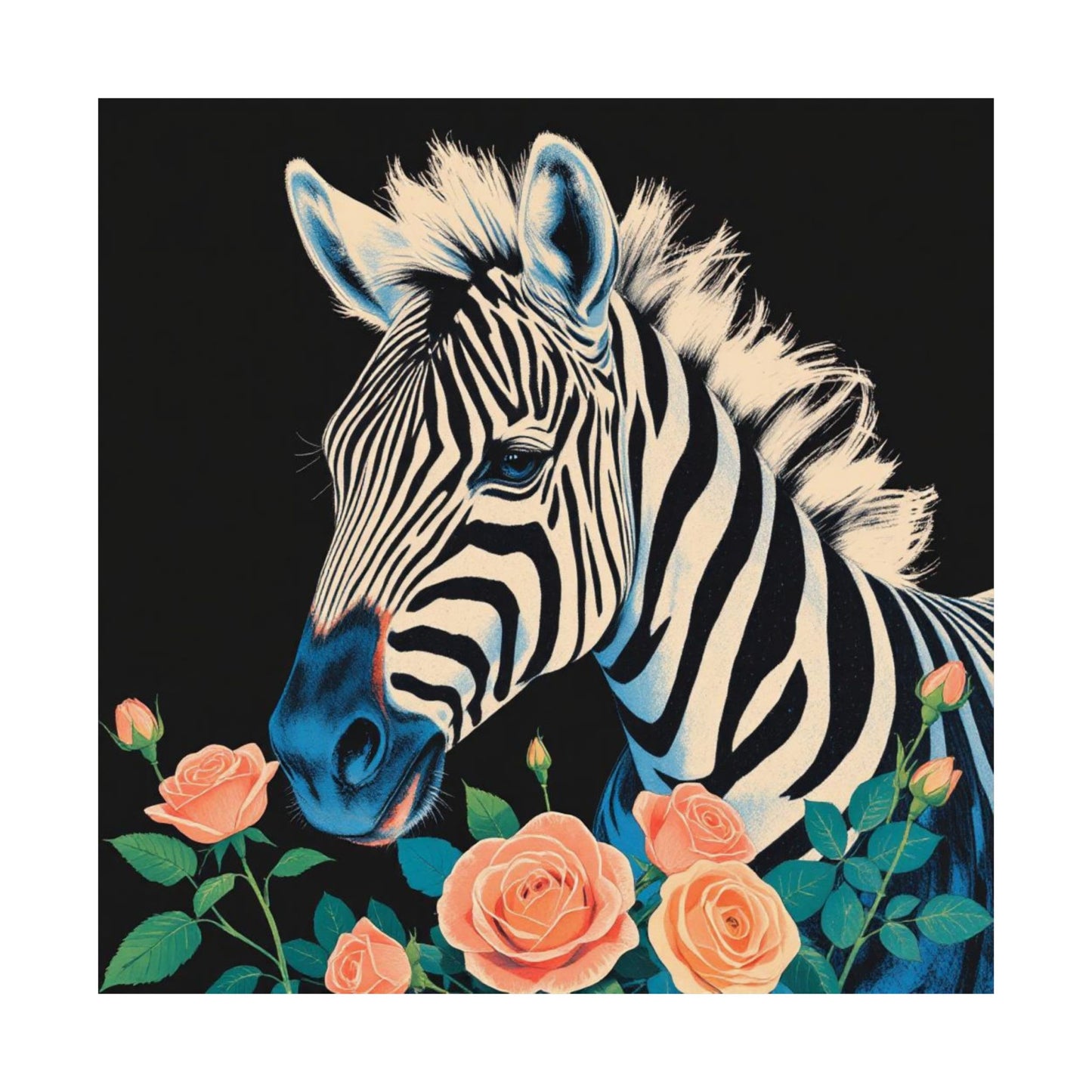 Floral Art Poster - Elegant Matte Vertical Wall Decor - Blue Zebra & Roses