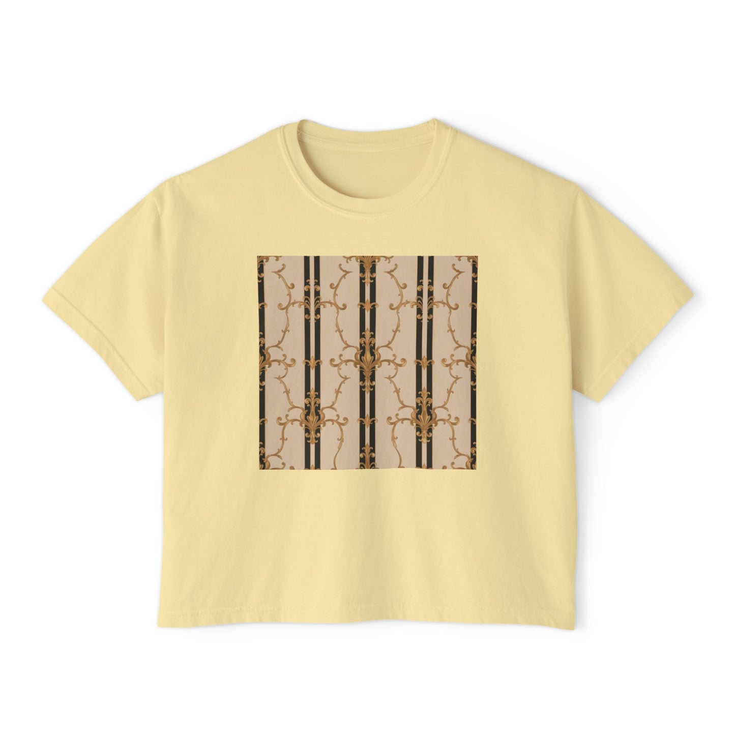 Chic Women's Boxy Tee with Abstract Design, Casual Top, Fashion Tee, Everyday Wear, Stylish Gift for Her - Black & Beige Striped Damask