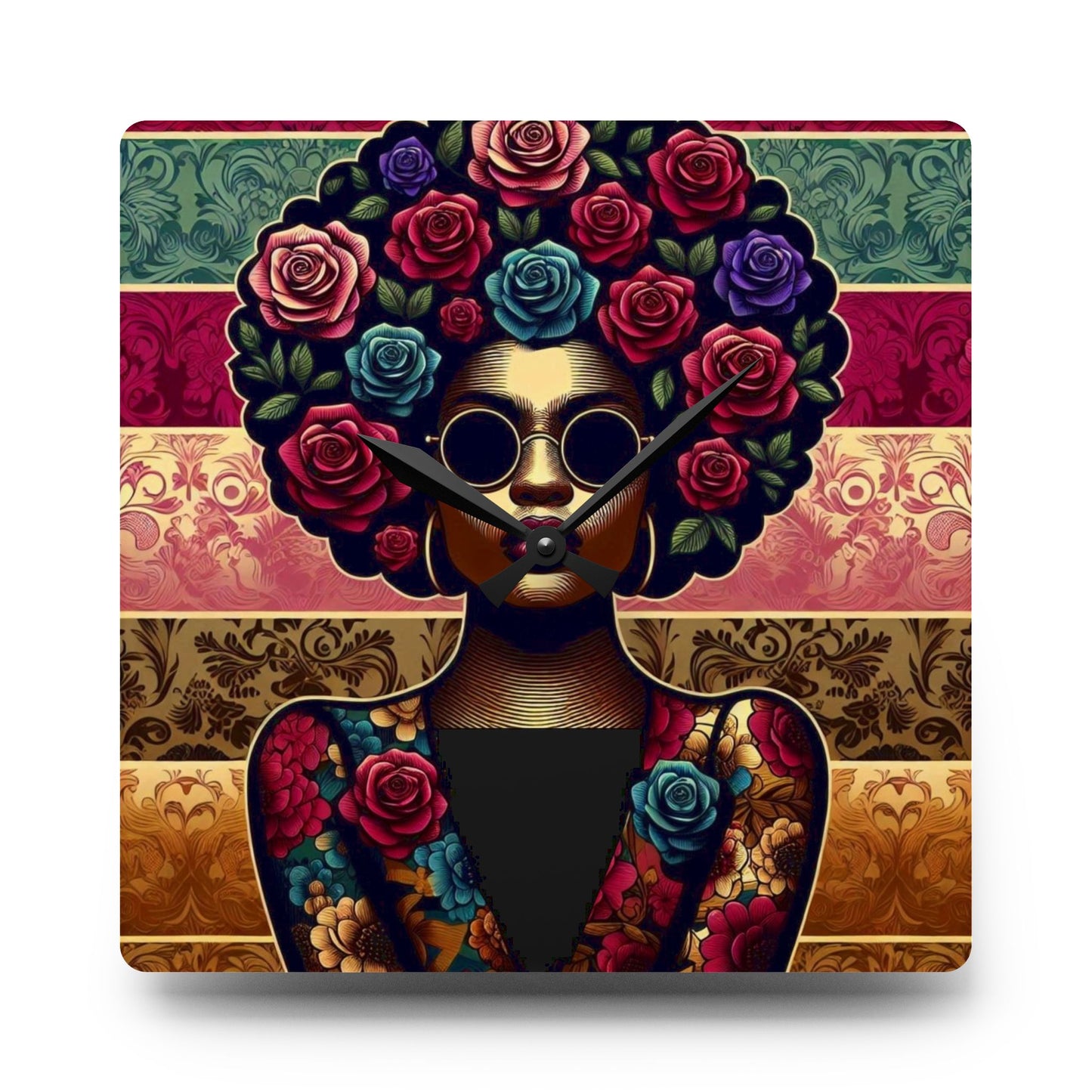 Bohemian Afro-Inspired Acrylic Wall Clock with Floral Design - Lady In Damask & Roses Design
