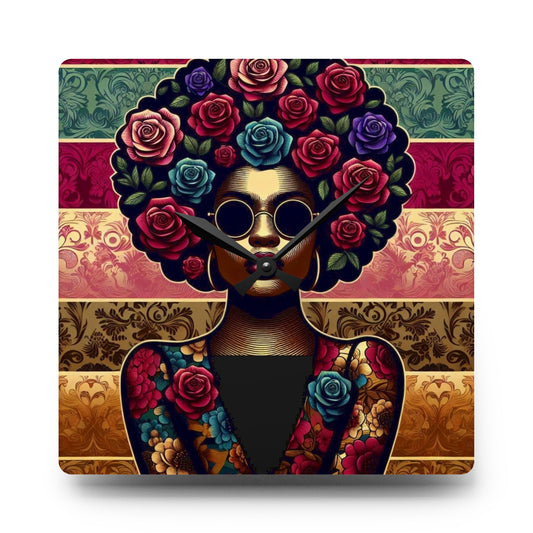 Bohemian Afro-Inspired Acrylic Wall Clock with Floral Design - Lady In Damask & Roses Design