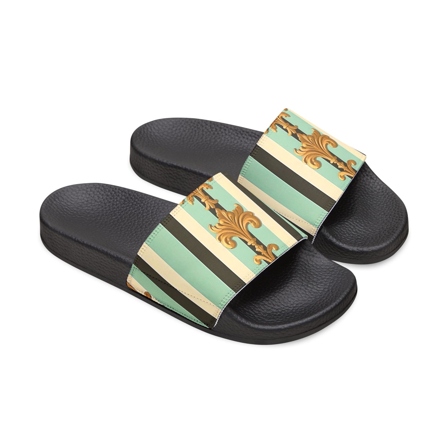 Chic Removable-Strap Sandals for Women, Summer Footwear, Beach Slides, Casual Slippers, Vacation Essentials - Black & Matte Mint Striped Rococo
