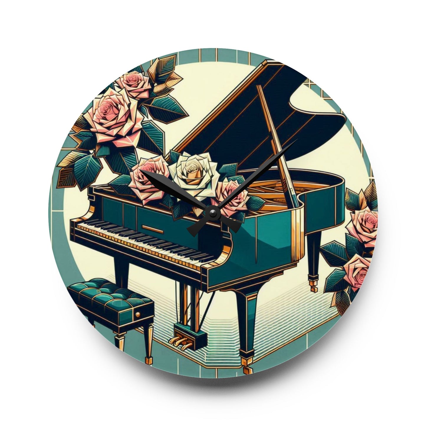 Elegant Piano & Roses Acrylic Wall Clock - Timeless Decor for Music Lovers