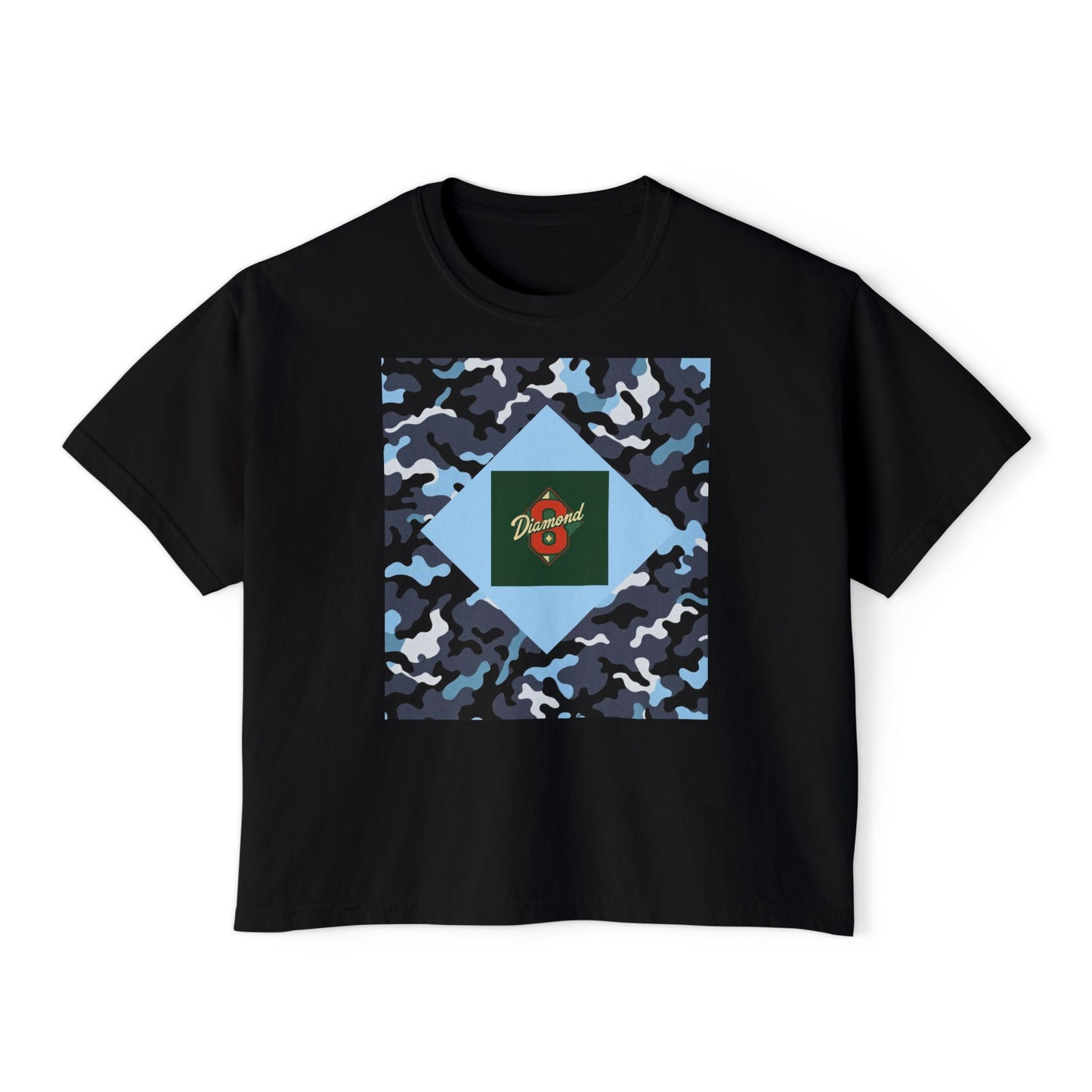 Camouflage Women's Boxy Tee, Casual Outfit, Relaxed Style Tee, Everyday Wear, Gift for Her, Comfortable Top - Blue Camo Diamond 8
