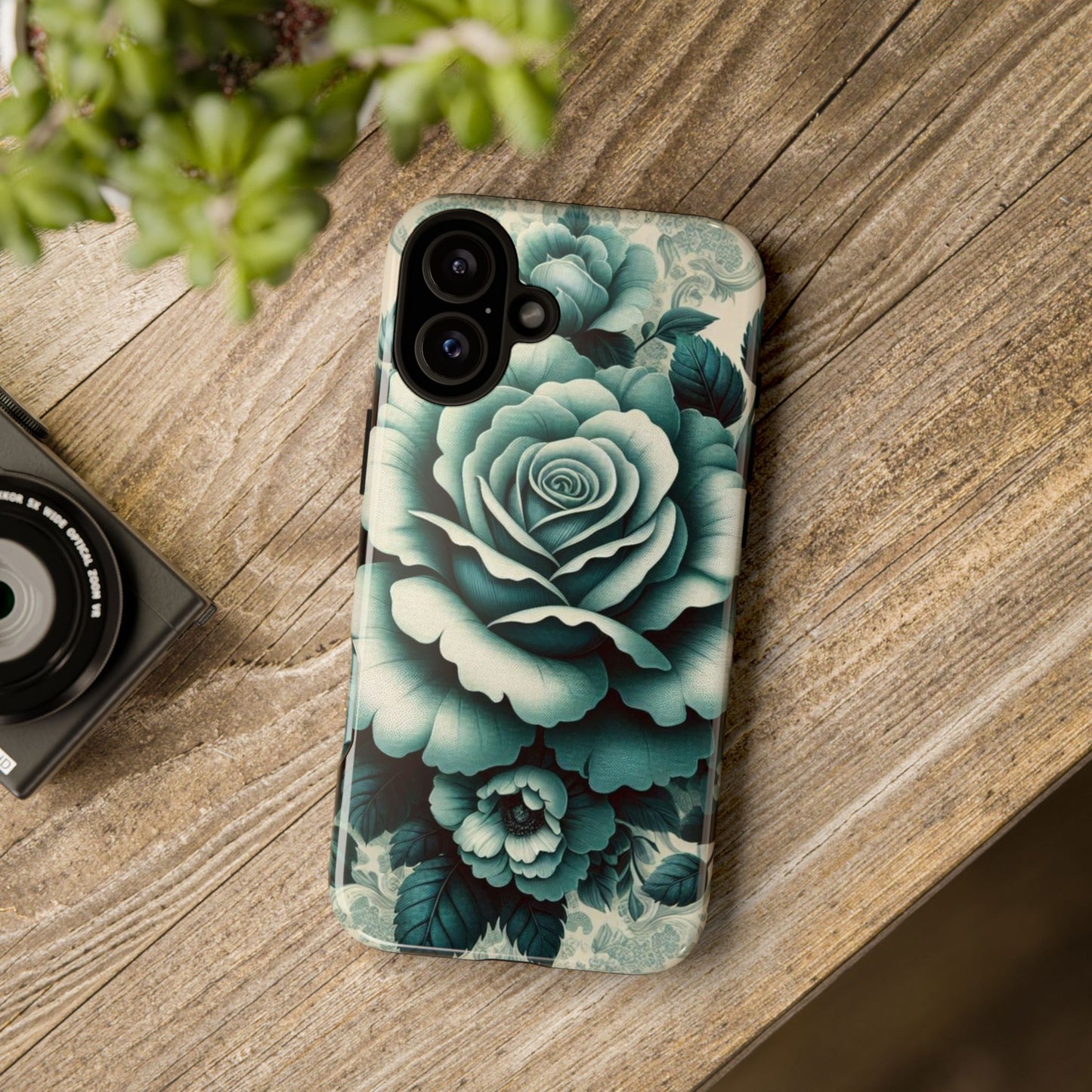 Elegant Floral Motif Phone Case - Tough Cases with Vintage Design - Teal Roses & Damask