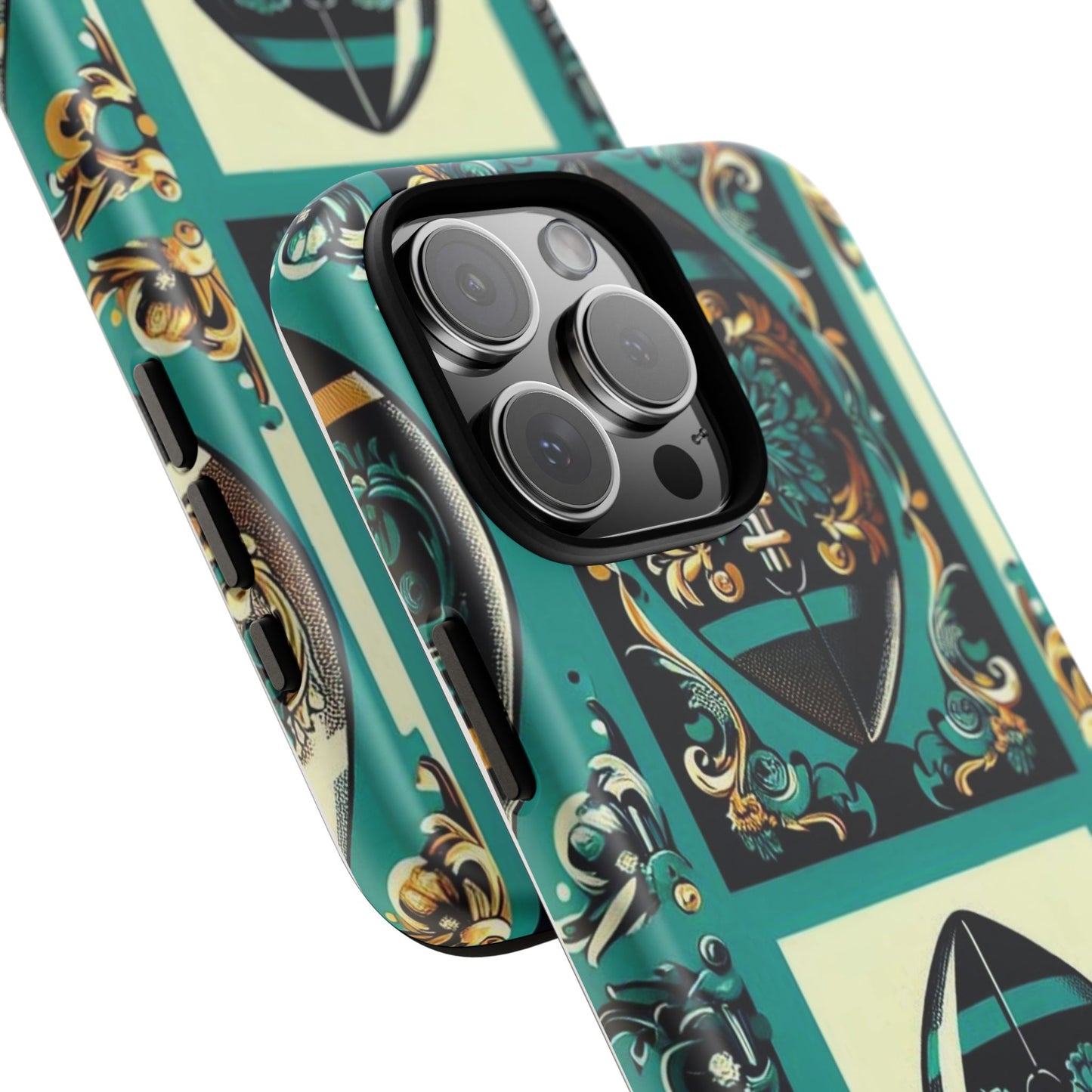 Elegant Floral Motif Phone Case - Tough Cases with Vintage Design -  Damask Teal, Gold & Black Footballs