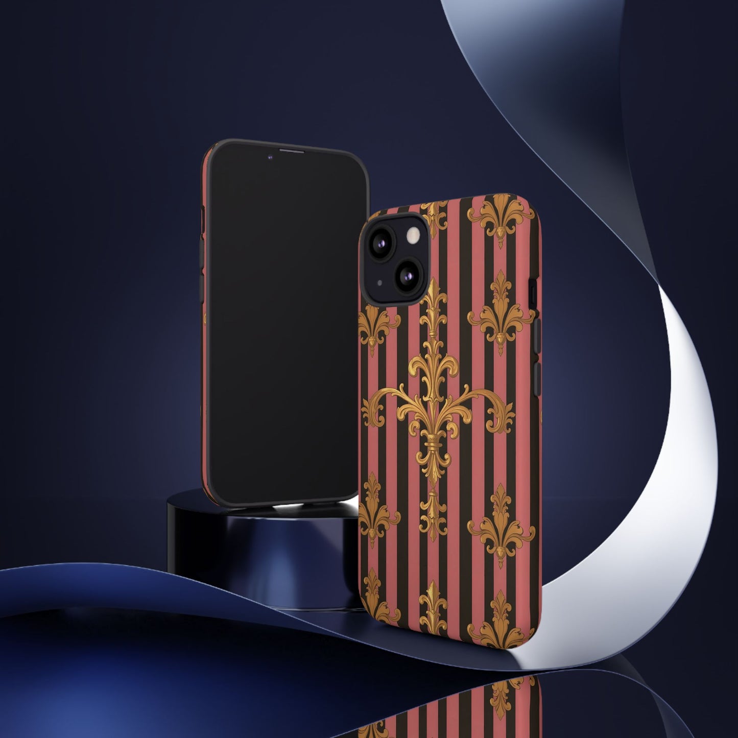 Elegant Floral Motif Phone Case - Tough Cases with Vintage Design - Mauve Striped Gold Damask