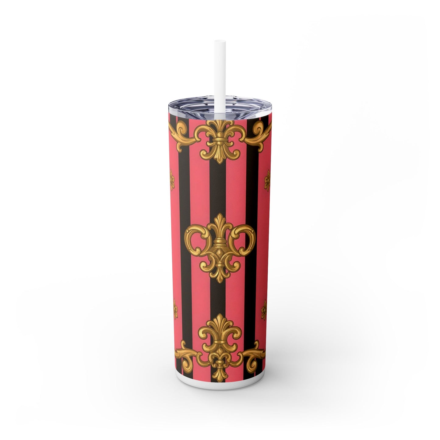 Chic Pink Striped Skinny Tumbler, 20oz | Elegant Travel Mug, Perfect Gift for Birthdays - Pink & Black Striped Gold Baroque