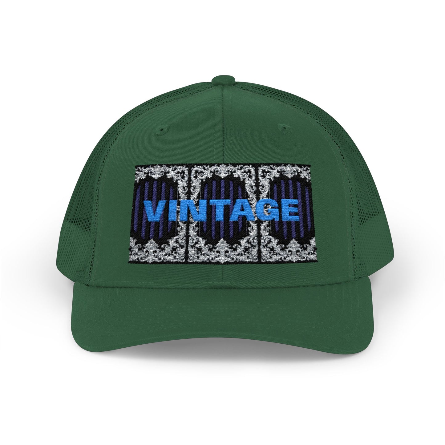 Vintage Navy Stripes & Baroque Trucker Cap — Retro 'VINTAGE' Embroidered Snapback