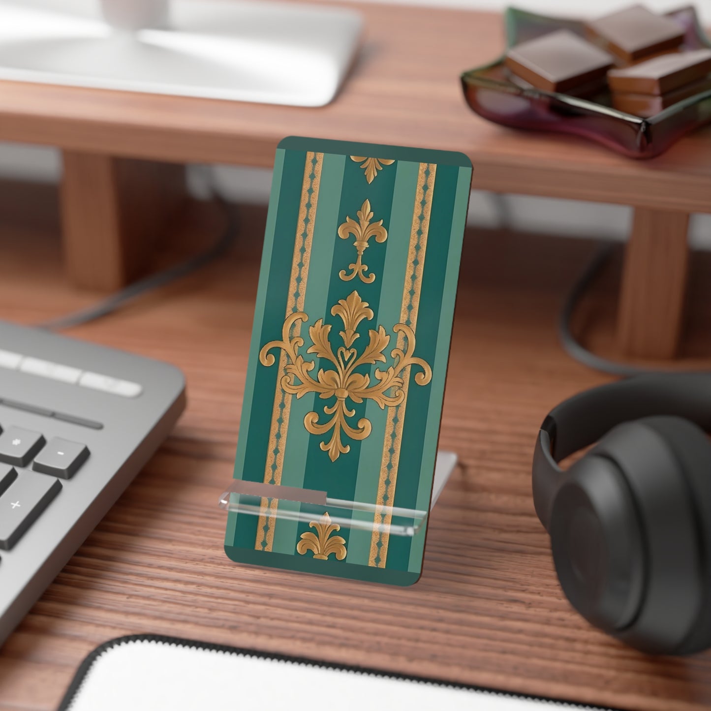 Elegant Floral Smartphone Display Stand - Teal Striped Gold Damask - Decorative Mobile Holder
