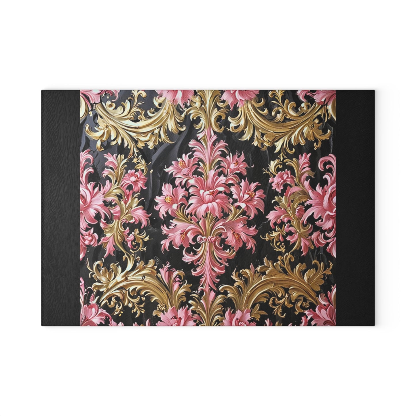 Elegant Floral Glass Cutting Board, Kitchen Decor, Decorative Cutting Board, Gift for Cooks, Wedding Gift - Black & Pink Oil Painting Style Rococo