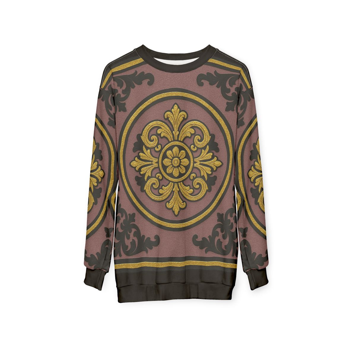 Elegant Gilded Mauve With Gold-Black Baroque AOP Sweatshirt, Cozy Unisex Sweatshirt, Vintage Style Apparel, Year-Round Fashion, Holiday Gift